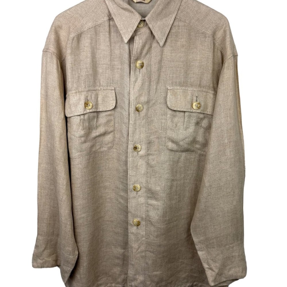 Joseph Abboud Shirt Mens Medium Tan Linen Long Sleeve Button Front Pockets